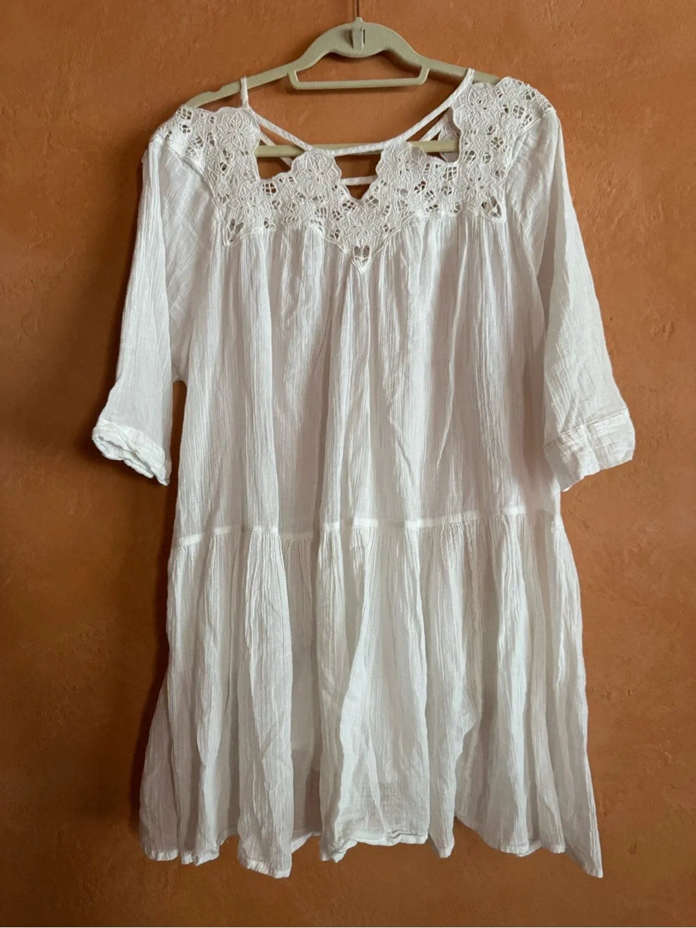 Free People White Embroidered Crochet Boho Tunic Dress Size Large